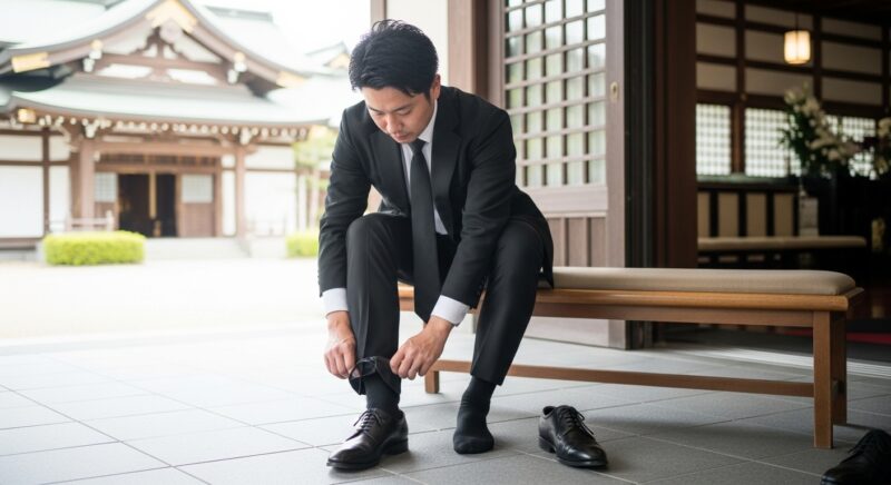 黒い喪服を着て葬儀用の黒い革靴を履く日本人男性
