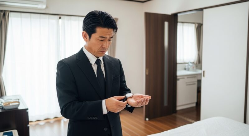 喪服を着た日本人男性が腕時計を見つめて悩んでいる様子
