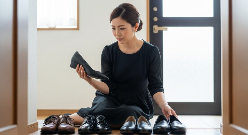 自宅で適切な葬儀用の靴を慎重に選ぶ黒い喪服姿の日本人女性