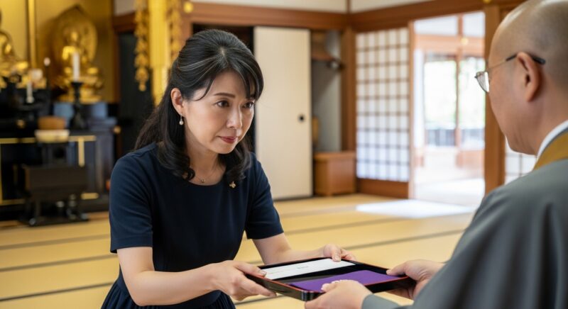 夏の法要でお坊さんにお布施を渡す日本人女性