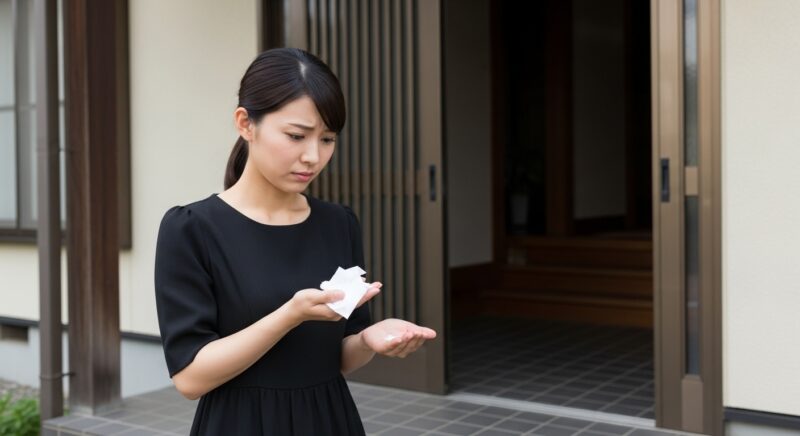 葬式後に自宅玄関で清め塩を持つ若い日本人女性