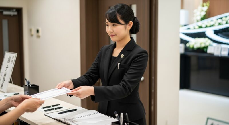 黒い喪服を着た若い日本人女性が葬儀受付係として香典を受け取っている様子