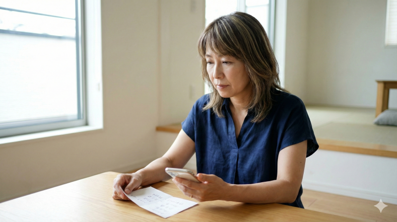 明るいリビングでスマホを持ちながら、手書きのメモを真剣な表情で見つめるネイビーの服を着た50代の女性