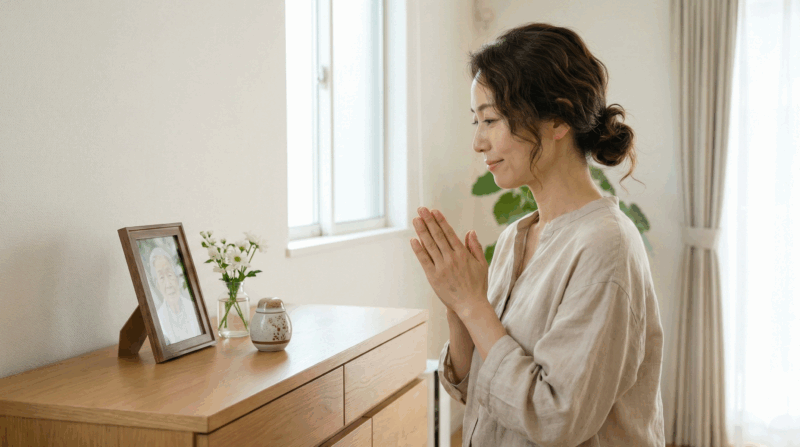 明るいリビングで、遺影と骨壷に向かい手を合わせて祈る40代の日本人女性