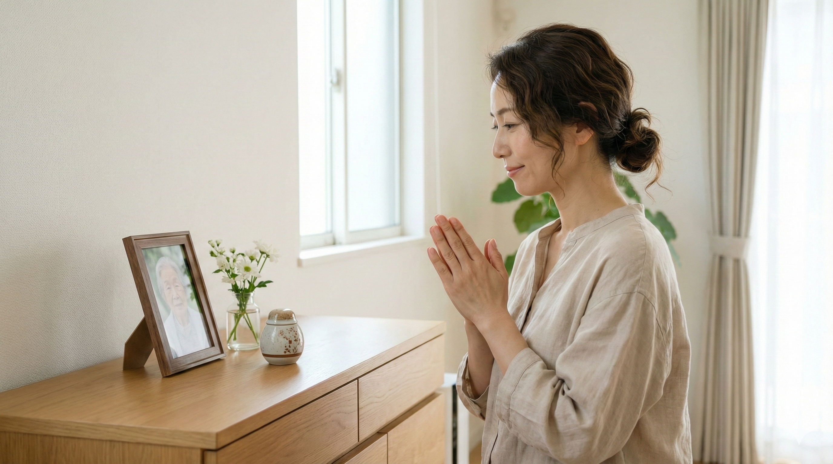 明るいリビングで、遺影と骨壷に向かい手を合わせて祈る40代の日本人女性