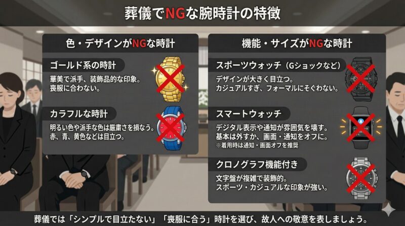 葬儀の場にふさわしくない腕時計の特徴を、色・デザインと機能・サイズの面からイラスト付きで解説したインフォグラフィック。