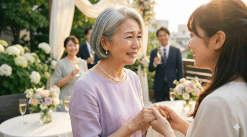 夕陽が差し込むガーデンテラスで、若い女性の手を取り、涙を浮かべて感謝を伝える生前葬の主役の女性