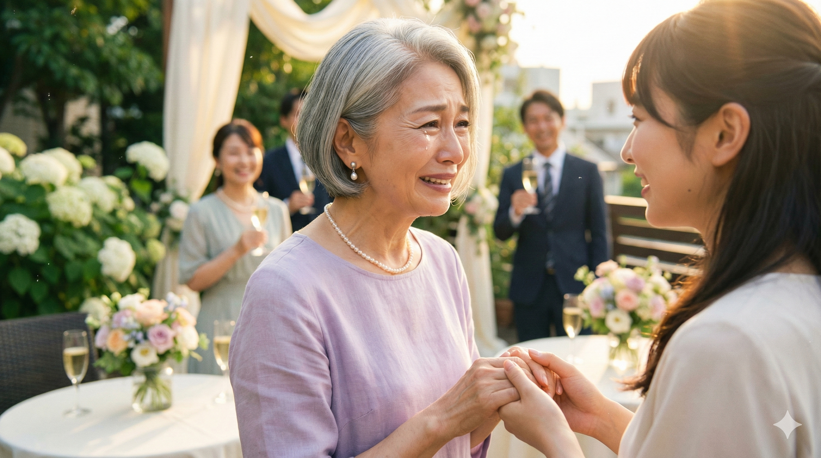 夕陽が差し込むガーデンテラスで、若い女性の手を取り、涙を浮かべて感謝を伝える生前葬の主役の女性