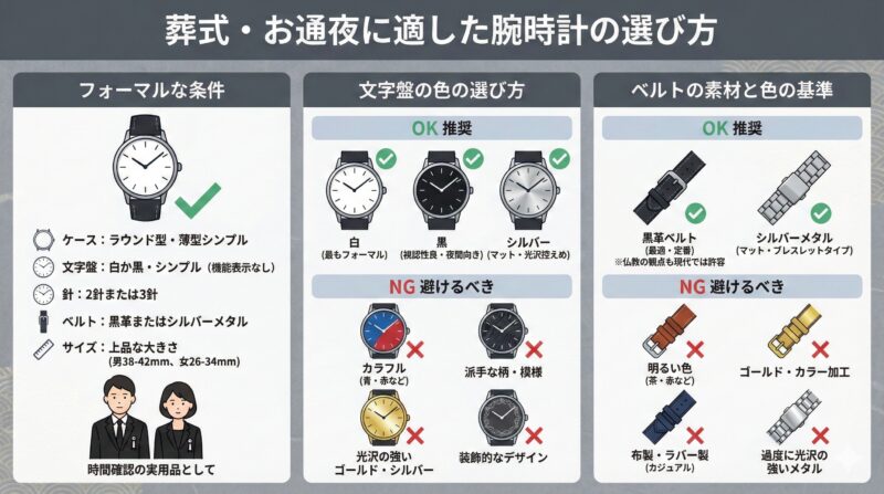 葬儀・お通夜に適した腕時計の選び方、文字盤の色やベルトの素材・色のOK例とNG例をイラストで解説したインフォグラフィック。