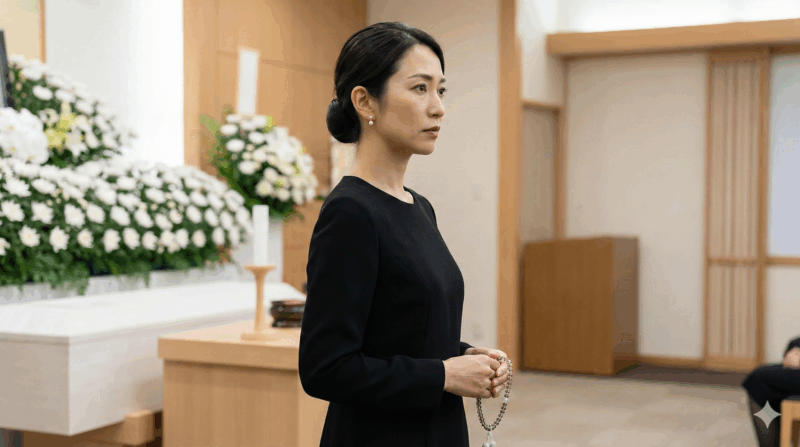 日本の葬儀場で、黒い喪服を着た30代後半の日本人女性が、数珠を持った手を合わせて周囲を静かに見守っている自然な写真