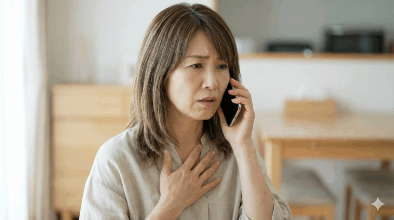 リビングルームでスマートフォンで電話を受け、不安そうな表情で胸に手を当てている40代後半の日本人女性。
