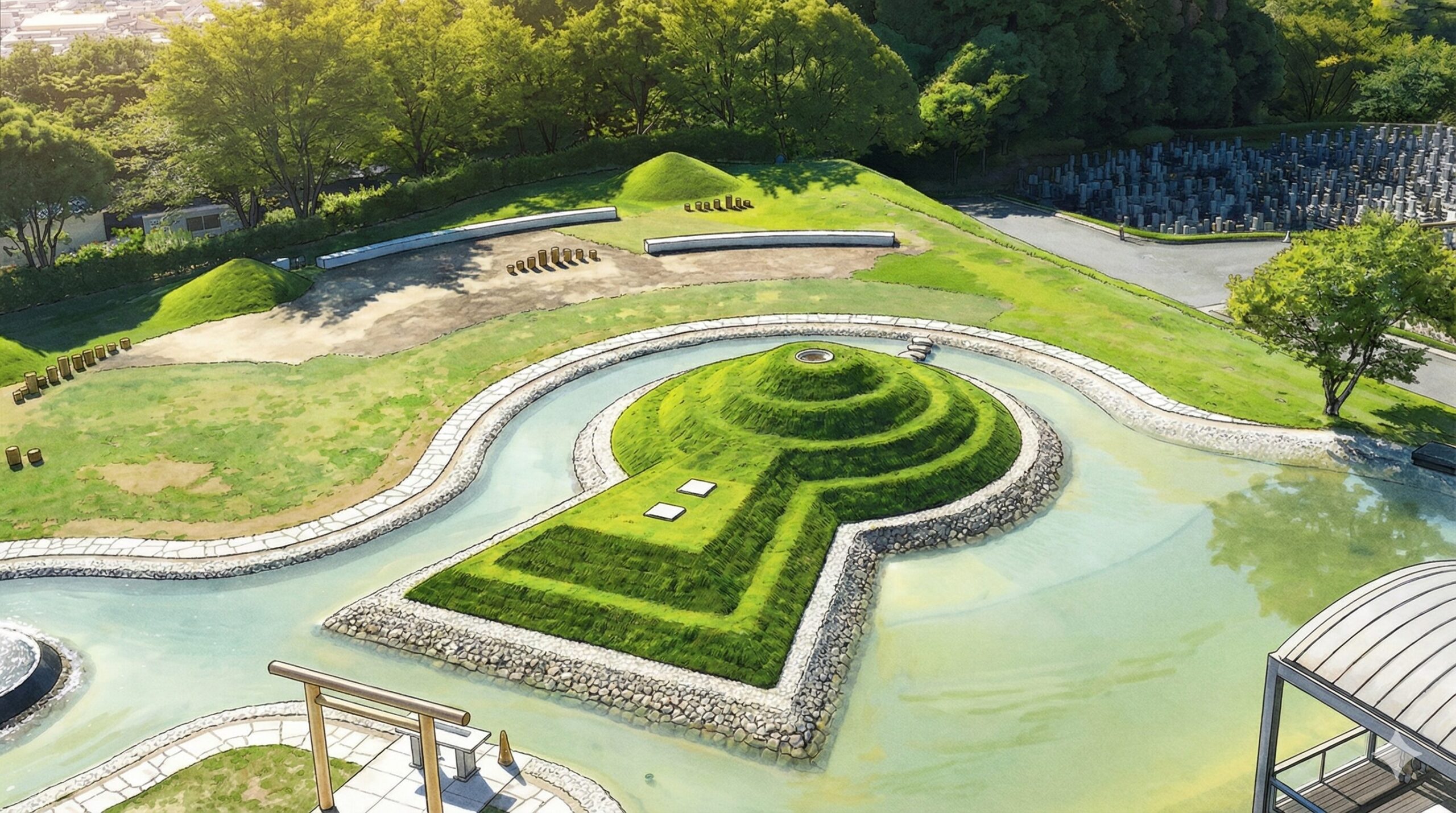前方後円墳の墓所をリアルなイラスト調で描いた画像。堀の水、芝生の丘、鳥居、背景の木々や墓地が詳細に描かれている。