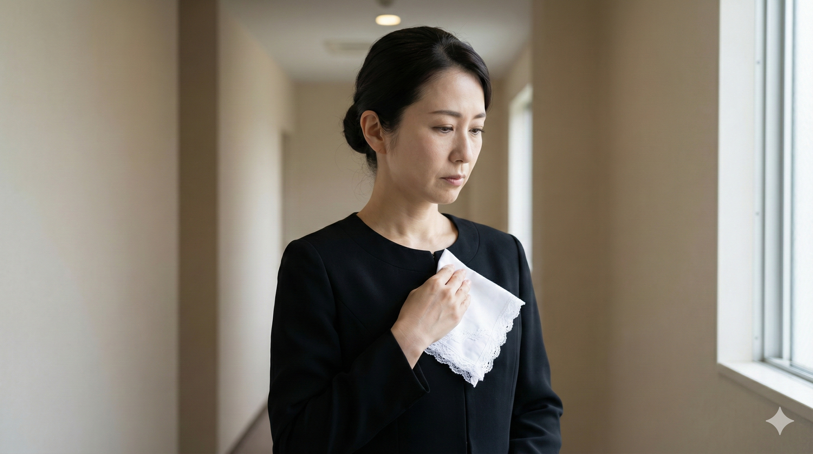 喪服姿で白いハンカチを持つ悲しげな日本人女性 喪服を着て、白いハンカチを胸に当て、悲しげな表情で廊下に立つ