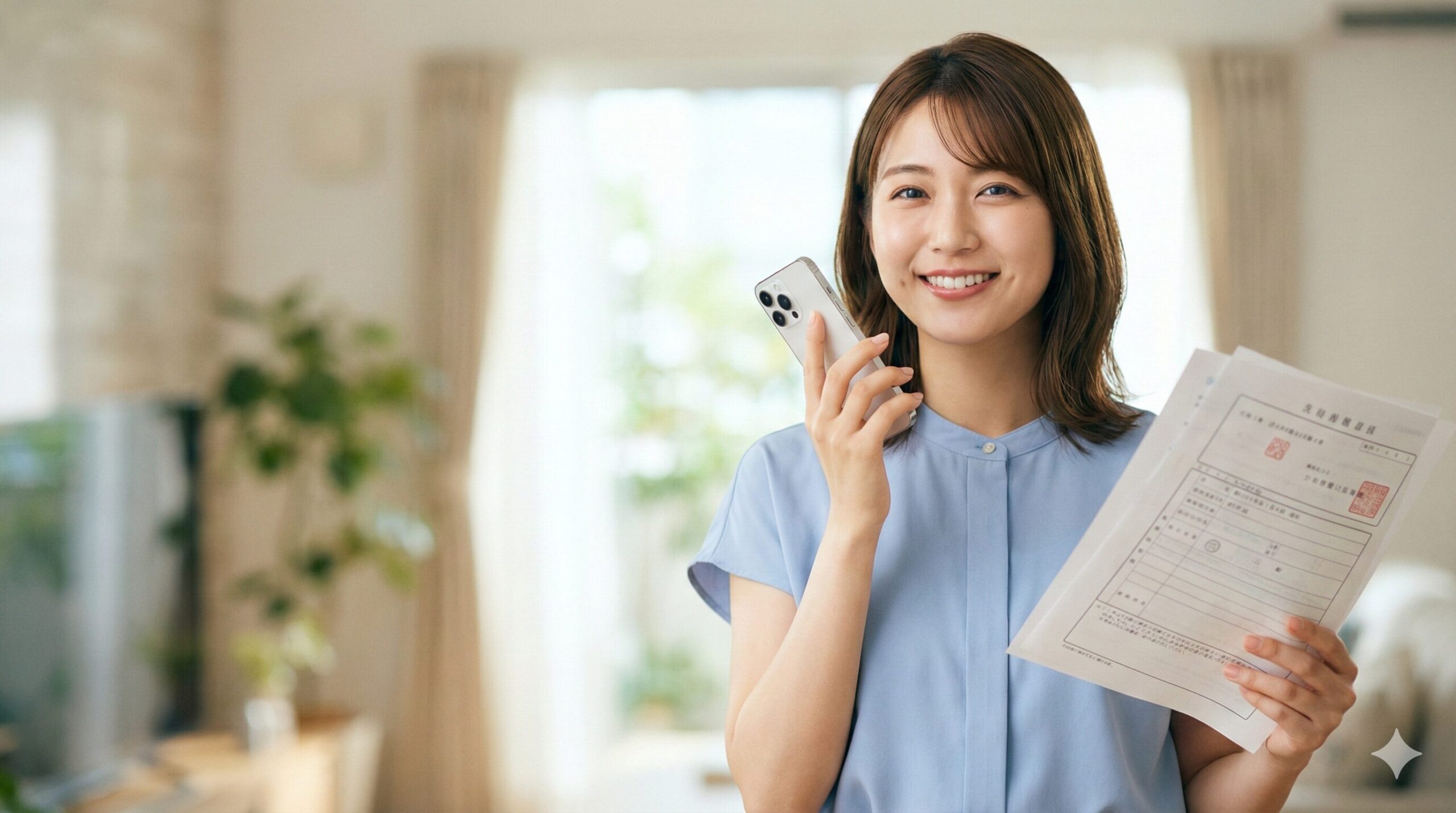 スマホと公的書類を手に微笑む日本人女性-自宅リビングにて ALT (JA): 明るいリビングで、スマートフォンと確定申告書のような公的書類を持ち、笑顔でカメラを見る若い日本人女性