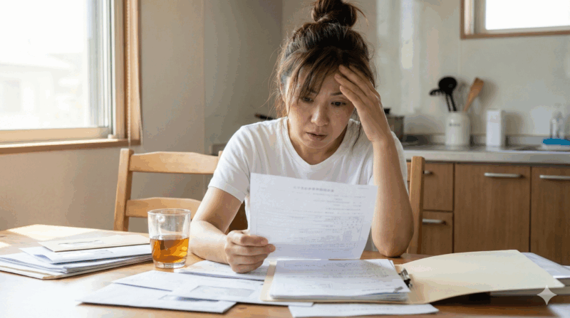 キッチンテーブルで書類の山を見つめ、困惑して額に手を当てている40代後半の女性