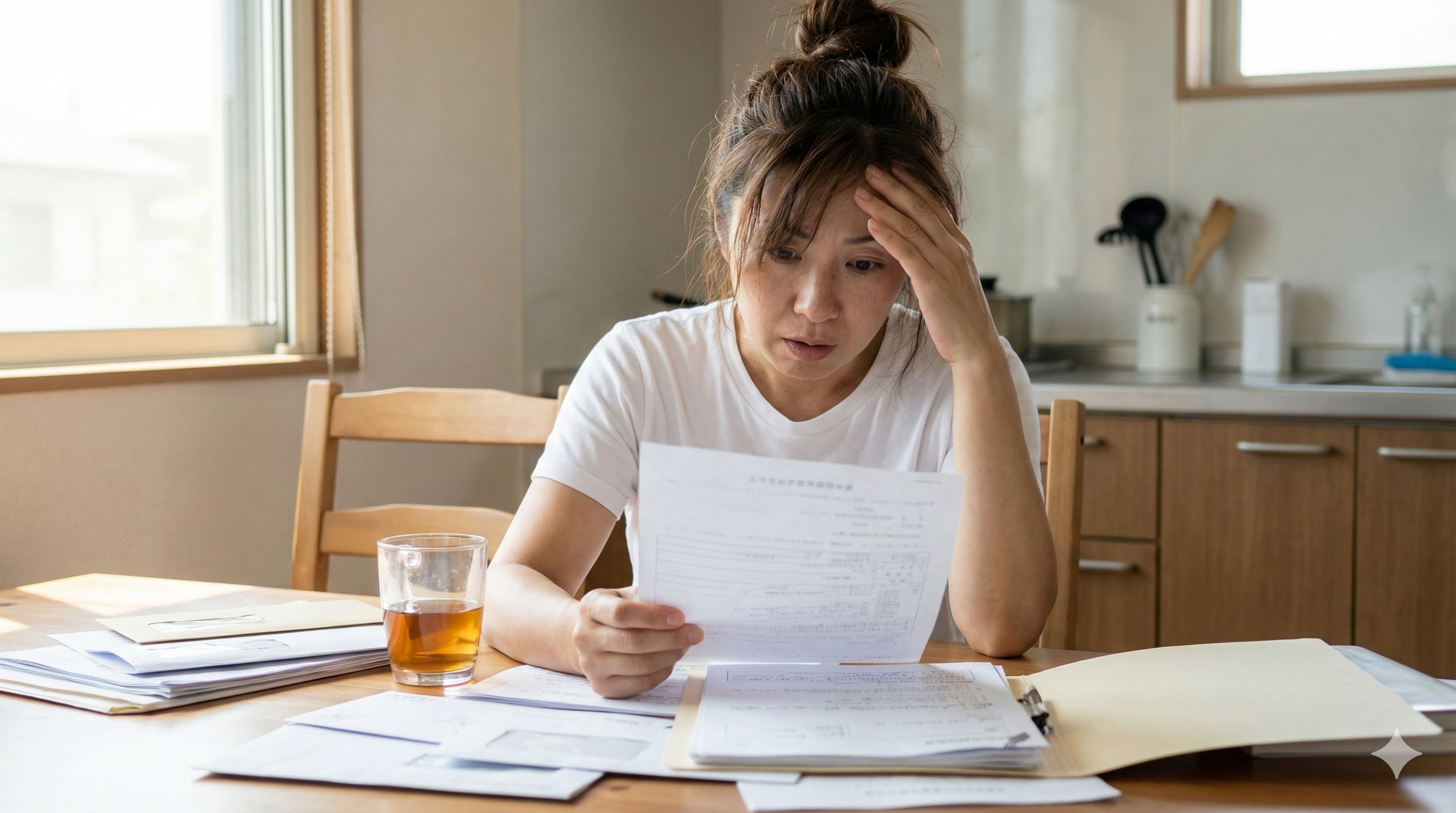 キッチンテーブルで書類の山を見つめ、困惑して額に手を当てている40代後半の女性