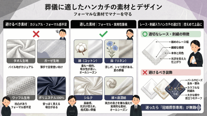 葬儀用ハンカチの適切な素材（綿、麻、シルクなど）と避けるべき素材（タオル、ガーゼなど）、レースや刺繍の選び方を解説したインフォグラフィック