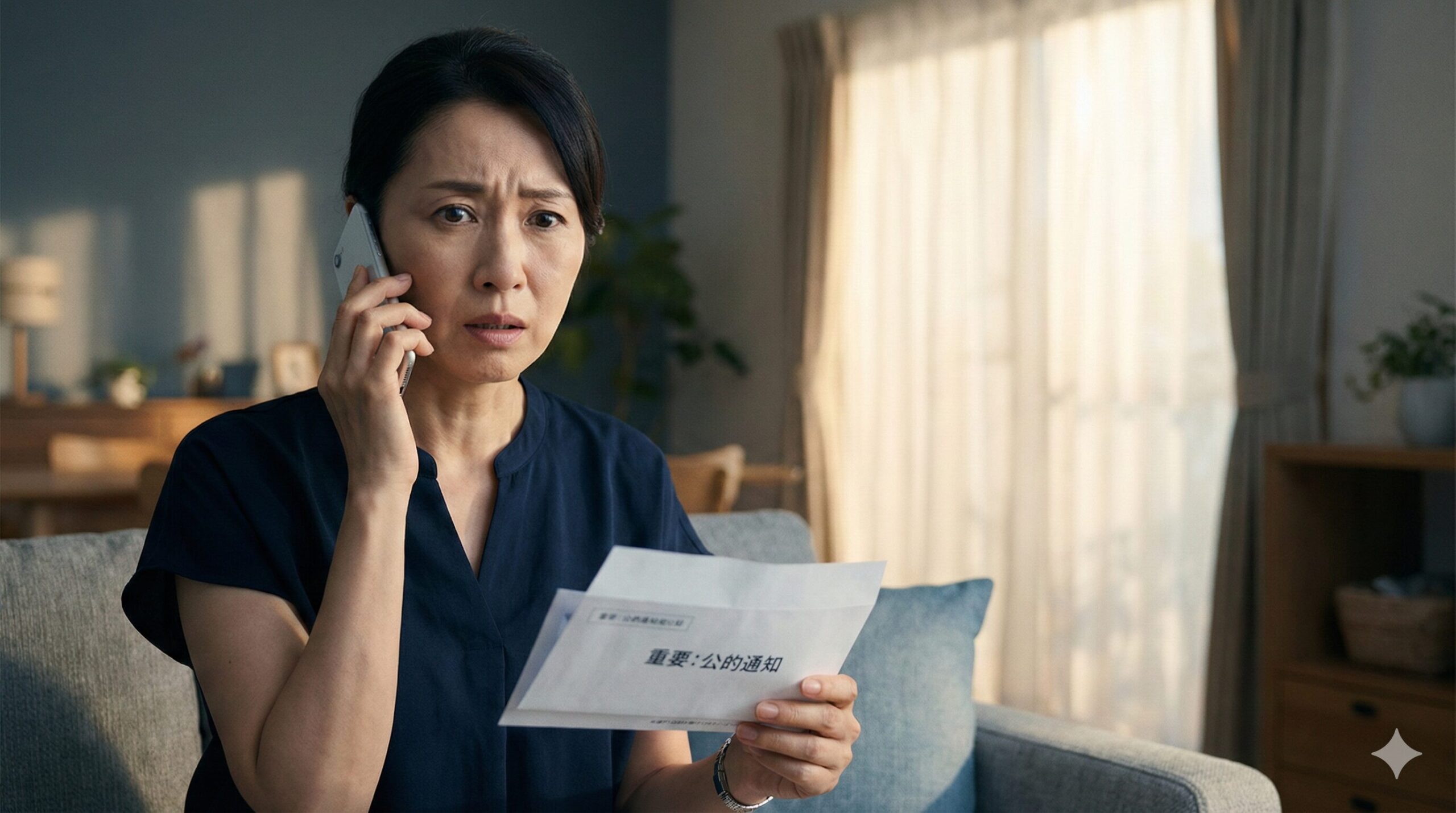 電話をしながら「重要:公的通知」と書かれた書類を見て、困惑した表情を浮かべる40〜50代の日本人女性