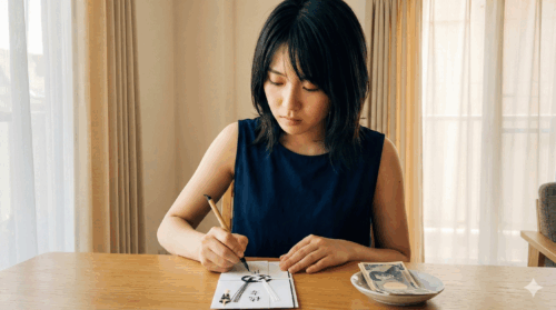 香典袋に筆を入れる若い女性木製のテーブルで香典袋に筆ペンで名前を書く若い女性。小皿に千円札がある。
