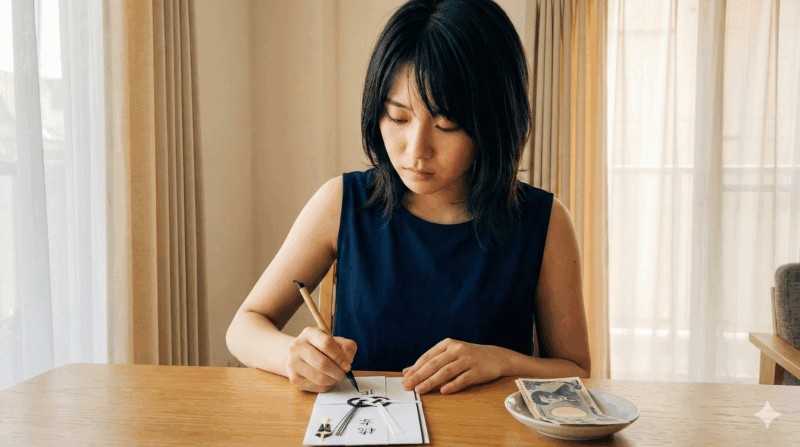 香典袋に筆を入れる若い女性木製のテーブルで香典袋に筆ペンで名前を書く若い女性。小皿に千円札がある。