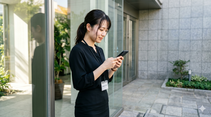 セレモニーホールのエントランスのガラス壁の前に立ち、少し緊張した面持ちでスマートフォンを見つめる黒い制服姿の若い女性スタッフ